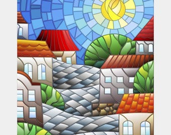 Premium diamantschilderij (standaardformaat) - magische stad - diamantschilderij stadsgezicht - 5D-diamantschilderijensets voor volwassenen - doe-het-zelfcadeau