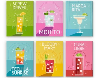 Set of 6 Mini Paint by Numbers - Cocktail Collection 1 - Easy Canvas Painting DIY Art - Gift Idea