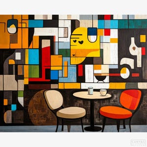 May include: Abstract art print featuring a cafe scene with a table and two chairs. The background is a colorful geometric design with orange, yellow, blue, and black shapes. A small table holds a cup and a container. One chair is beige, the other is orange.