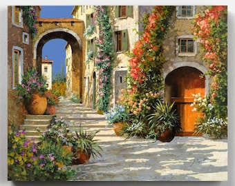 May include: A painting of a narrow, cobblestone street in a European village. The street is lined with buildings with arched doorways and windows. The buildings are covered in vines and flowers. There are terracotta pots with flowers and plants on the street.