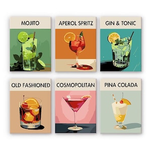 Op de afbeelding: Zes kunstprints met cocktails: Mojito, Aperol Spritz, Gin & Tonic, Old Fashioned, Cosmopolitan en Pina Colada. Elke print heeft de cocktailnaam in zwarte tekst en een kleurrijke illustratie van het drankje.