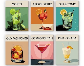 Set of 6 Mini Paint by Numbers - Cocktail Collection 2 - Easy Canvas Painting DIY Art - Gift Idea