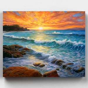 This captivating Ocean Sunrise Painting Kit is your invitation to peace where the sun rises near the beautiful waves on the rocks painting from Canvas by Numbers using Paint by Numbers kits.
