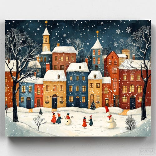 Premium Paint by Numbers Kit - Christmas in the Snowy Village - Christmas Paint by Numbers - Canvas by Numbers