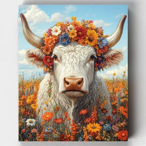 Premium Paint by Numbers - Blooming Horns – Cow Paint by Numbers - Canvas by Numbers