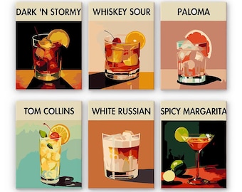 Set of 6 Mini Paint by Numbers - Cocktail Collection 3- Easy Canvas Painting DIY Art - Gift Idea