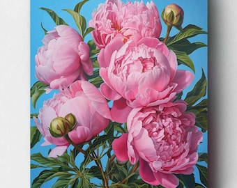 May include: A bouquet of pink peonies with green leaves against a light blue background.