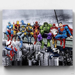 Premium Paint by Numbers-kit - Wordt verzonden vanuit de VS - Superheldenlunch bovenop een wolkenkrabber - Dan Avenell - Canvas by Numbers