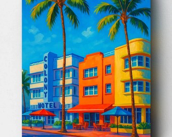 Premium Paint by Numbers - Miami Beach Art Deco District - Canvas Painting Set - Canvas by Numbers