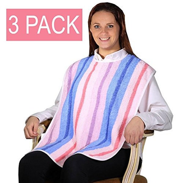 3 Pack - Clothing Protector Terry Cloth Senior Adult Bibs Hook and Loop Closure. Meal Time Senior Bib.