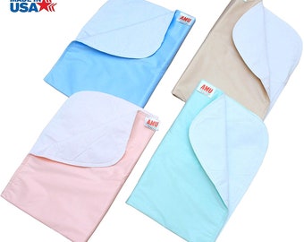 4 Pack 100% Cotton Washable Bed Pads/Reusable Incontinence Underpads 18x24 - Blue, Green, Tan and Pink - Ideal for Kids and Adults