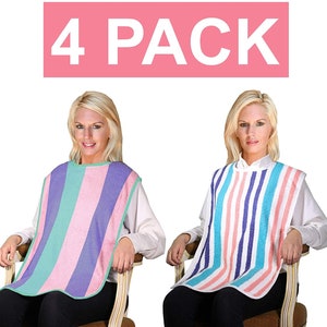 4 Pack - Clothing Protector Long Length Terry Cloth Senior Adult Bibs with Hook and Loop Closure. Meal Time Senior Bib