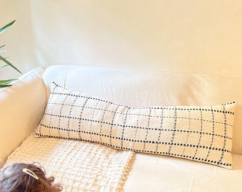 Boho throw Cushion Cover, Off-white Lumbar, Cotton Body Pillow, Handloom Slub Cotton Lumbar (14 x 40 inches)