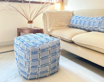 Blue Boho Pouf, Square Pouffe, Ottoman, Footrest, Footstool, Bean Bag, Floor Cushion, 16" x 16" x 16"