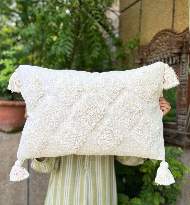 Tufted Slub Cotton Cushion Cover, Boho Lumbar with Tassels, Boho Throw Pillow, Ivory Tufted Cushion Cover 24 x 16 inches image 1