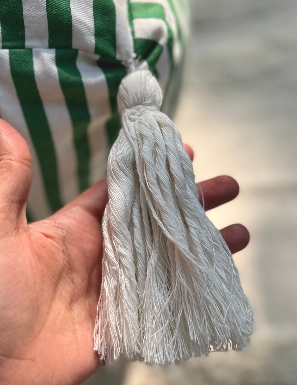 Striped Cotton Twill Pouf With Tassels Green and White Etsy