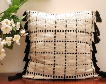 Boho Cushion, Cotton Cushion Cover with Tassels, Handloom Cushion, Pillowcase, 18 x 18 inches