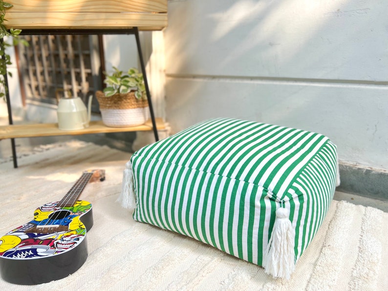 Striped Cotton Twill Pouf With Tassels Green and White Etsy