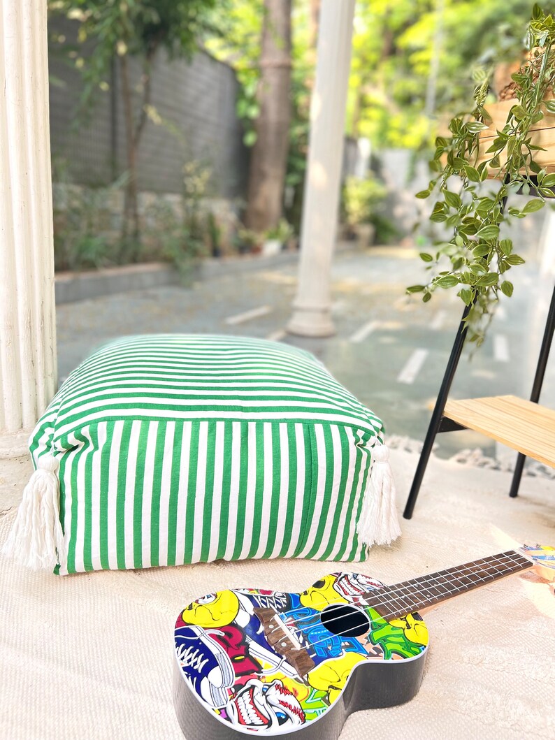 Striped Cotton Twill Pouf With Tassels Green and White Etsy