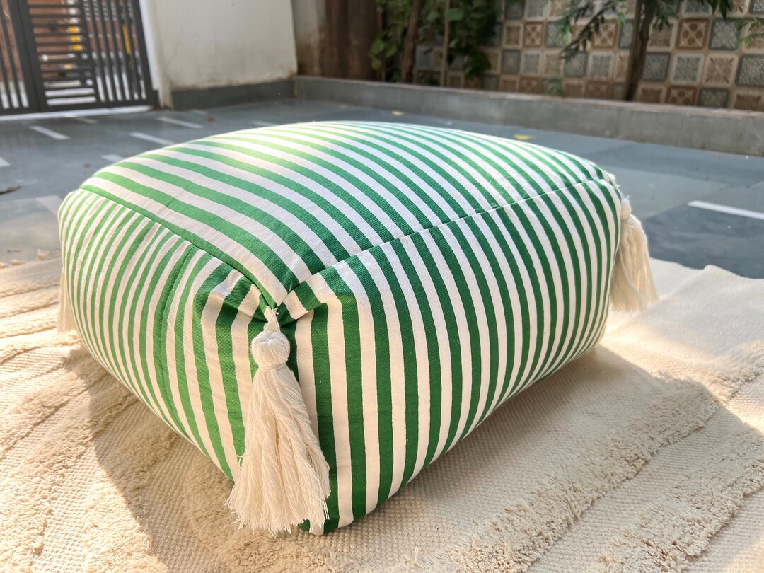 Striped Cotton Twill Pouf With Tassels, Green and White Ottoman, Boho