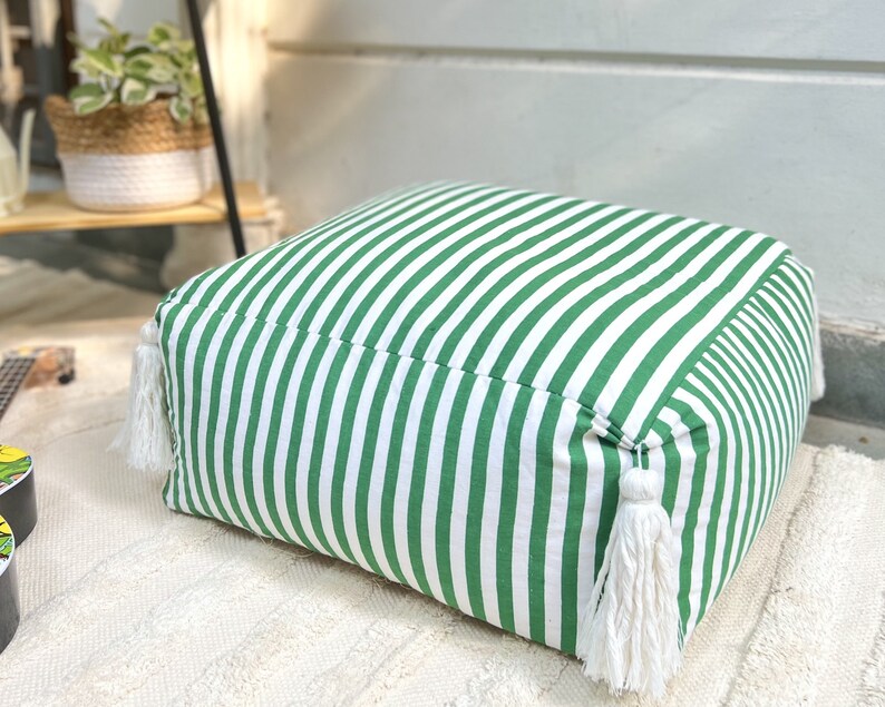 Striped Cotton Twill Pouf With Tassels Green and White Etsy