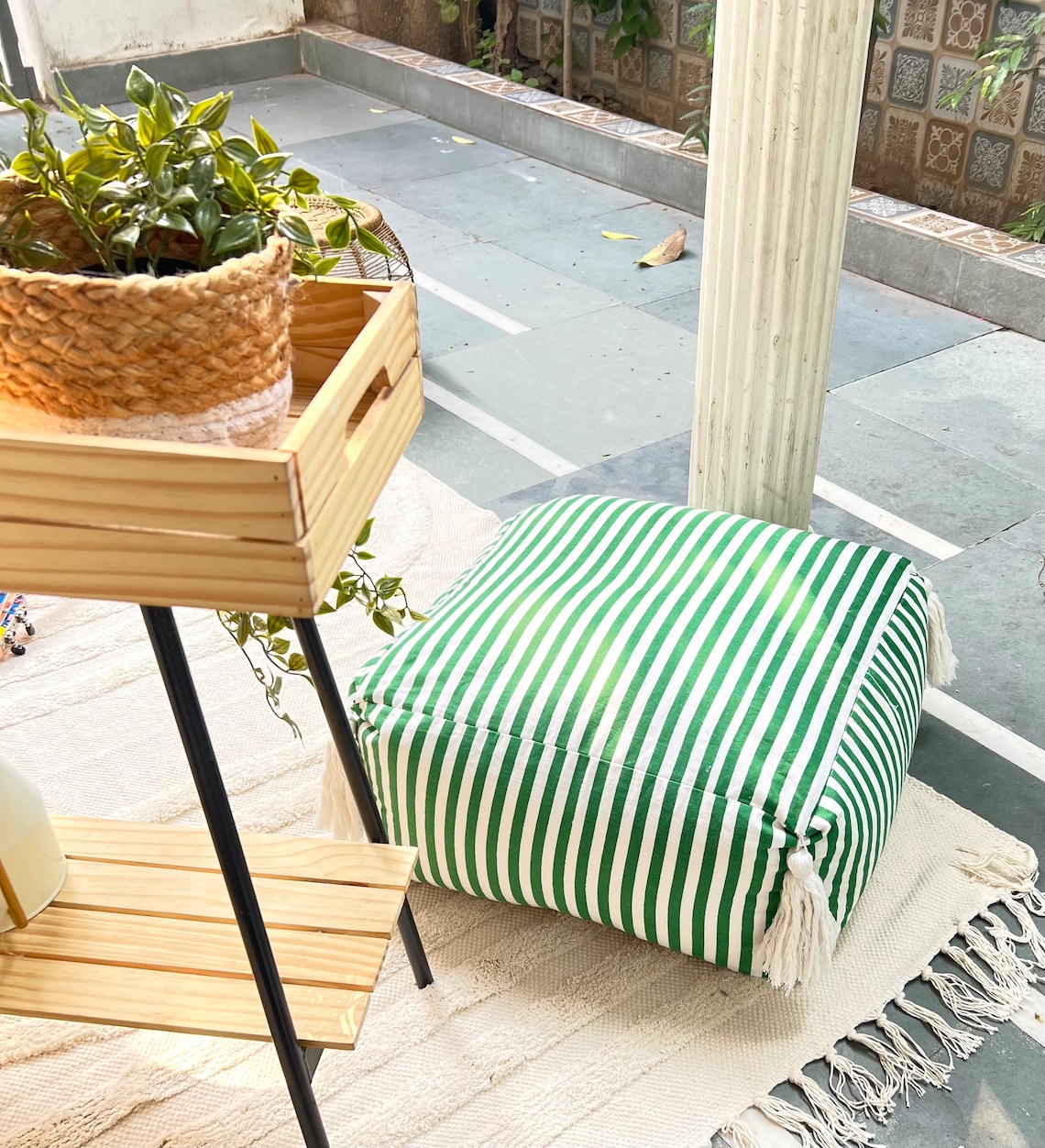 Striped Cotton Twill Pouf With Tassels Green and White Etsy