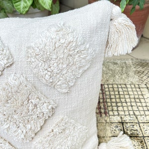 Tufted Slub Cotton Cushion Cover, Boho Lumbar with Tassels, Boho Throw Pillow, Ivory Tufted Cushion Cover 24 x 16 inches image 2