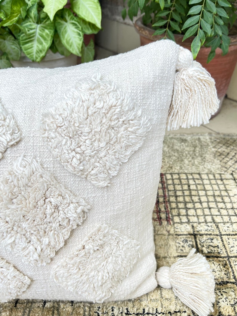 Tufted Slub Cotton Cushion Cover, Boho Lumbar with Tassels, Boho Throw Pillow, Ivory Tufted Cushion Cover 24 x 16 inches image 2