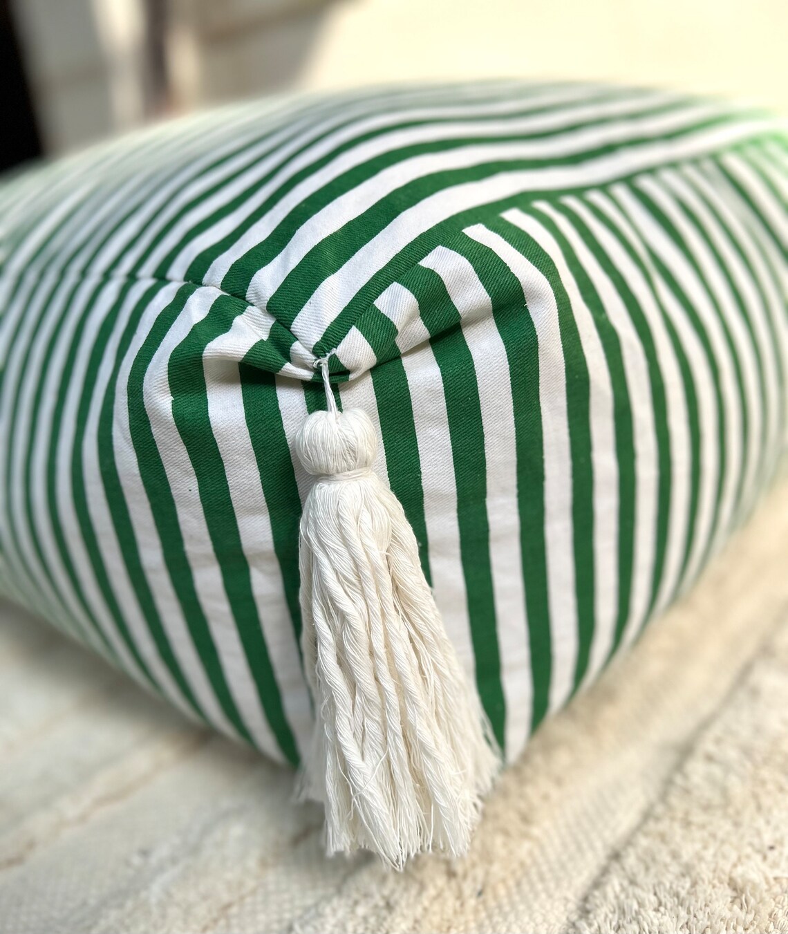 Striped Cotton Twill Pouf With Tassels Green and White Etsy