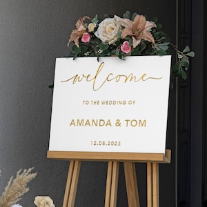 Segno di benvenuto per matrimonio in acrilico, benvenuto al nostro segno di matrimonio, acrilico oro moderno, decorazione di nozze personalizzata, segno di matrimonio in acrilico bianco