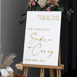 Segno di benvenuto per matrimonio in acrilico, benvenuto al nostro segno di matrimonio, acrilico oro moderno, decorazione di nozze personalizzata, segno di matrimonio in acrilico bianco