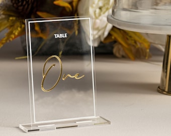 Wedding Table Numbers - Gold Wedding Table Signs - Wedding Table Decor - Clear and Gold Mirror Acrylic Signs - Modern wedding Table decor