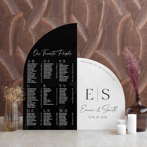 Paquete de carteles de boda, Plano de asientos negro, Cartel de plano de asientos, Cartel de bienvenida de boda, Carteles de acrílico blanco, Plano de asientos de arco