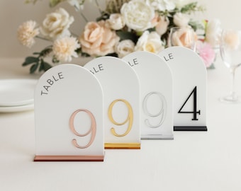 Wedding Table Numbers - Wedding Table Decor - Arched Table Number - White Acrylic 3D Gold Mirror Table Signs - Gold Table Numbers