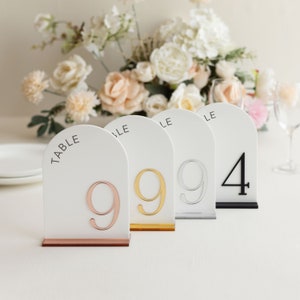 Wedding Table Numbers - Wedding Table Decor - Arched Table Number - White Acrylic 3D Gold Mirror Table Signs - Gold Table Numbers