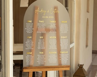 Gefrosteter Acrylhochzeits-Sitzplan, gewölbtes Hochzeitsschild, Sitzplanschild für die Hochzeit, Acrylschild für die Hochzeit, Benutzerdefiniertes Hochzeitsschild