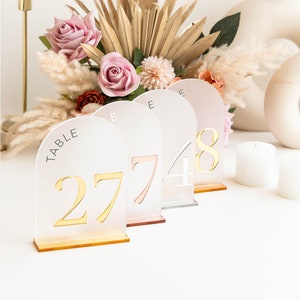Arched Shape Table Numbers - Frosted Acrylic Table Numbers - Gold Wedding Table Numbers with Stands - Wedding Signage - Table Number Signs