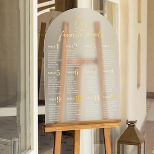 Puede incluir: Un plano de asientos de boda de acr&iacute;lico transparente con letras doradas y un caballete de madera. El texto "Our favorite people" est&aacute; en la parte superior. La tabla enumera nombres bajo los n&uacute;meros de mesa del 1 al 12.