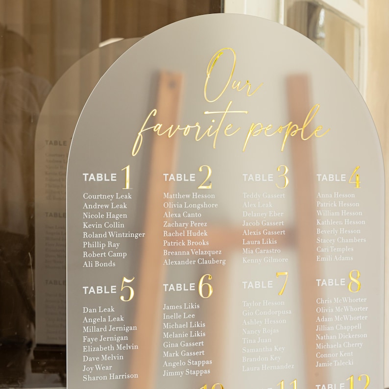 Puede incluir: Un plano de mesa de boda de acr&iacute;lico esmerilado con letras doradas. El texto dice "Nuestra gente favorita" en la parte superior, con n&uacute;meros de mesa y nombres de invitados debajo. El dise&ntilde;o es elegante y moderno.