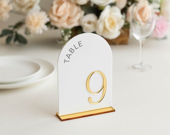 Números de mesa dorados con espejo 3D acrílico, Números de mesa de arco, Números de mesa de boda, Señalización de boda, Números de mesa negros Decoración de boda