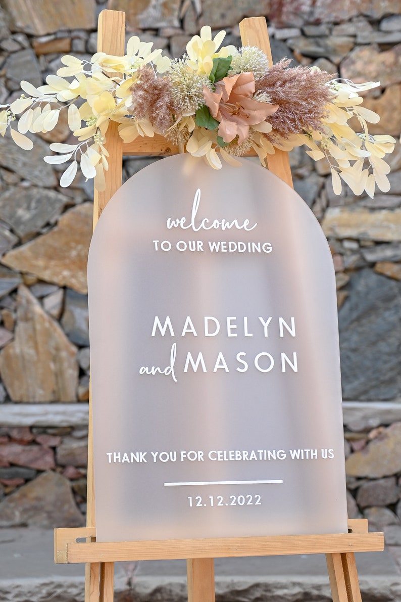 Frosted Acrylic Wedding Welcome Sign ,Arched welcome sign, Wedding Signage, Acrylic Engagement Sign, 3D Welcome Sign, Custom Wedding Sign image 2