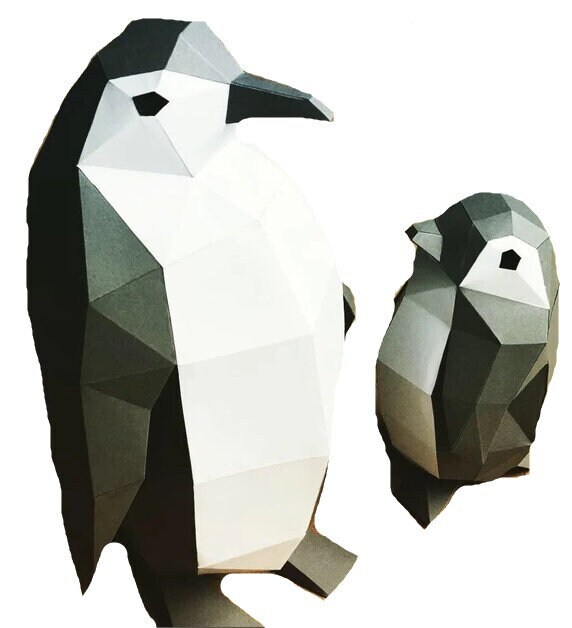 3D Penguins Paper Sculpture, 3D Poly Papercraft, DIY Penguin