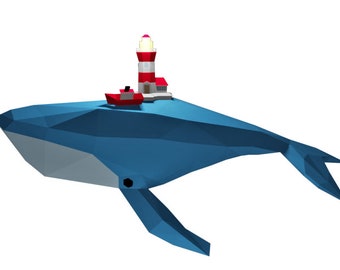 3D Whale papercraft, Whale with lighthouse papercraft, lighthouse & whale wall hanging, low poly papercraft, pdf file template