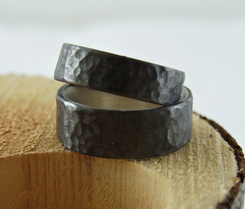 Wedding Ring Set Hammered Silver Wedding Set Flat Pipe 940 Solid Silver Black Rhodium Plated Matching Hammered Wedding Bands Engraving Free