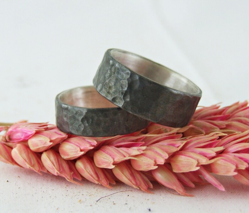 Wedding Ring Set Hammered Silver Wedding Set Flat Pipe 940 Solid Silver Black Rhodium Plated Matching Hammered Wedding Bands Engraving Free