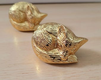 Bouton en laiton de renard endormi, bouton de meuble animal