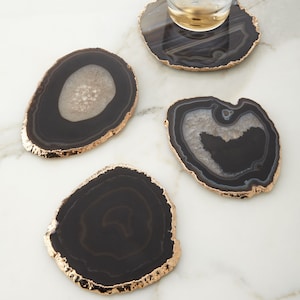 Black Agate Coaster with Silver / Gold Electroplated.Agate Slice.Quartz Coasters. Table Decor.Agate Coaster Set.Stone Coasters. Home Decor.