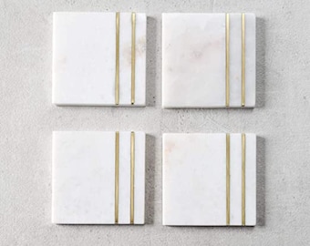 Square White Marble Coasters with Gold Brass // Natural Stone (Set of 4)