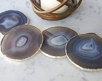 Natural Agate Coaster with Silver / Gold Electroplated.Agate Slice.Quartz Coasters.Table Decor.Agate Coaster Set.Stone Coasters. Home Decor.