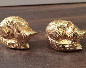 Brass Sleeping Fox Knob, Animal Cabinet Knob